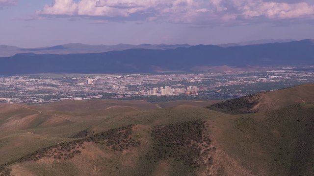 Reno, Nevada circa-2019.  Aerial view of Reno, Nevada.  Shot from helicopter with Cineflex gimbal and RED 8K camera.