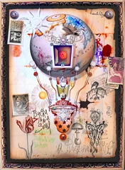 Abwaschbare Fototapete Phantasie Steampunk-Heißluftballon mit alten Briefmarken und okkulten und mysteriösen Symbolen