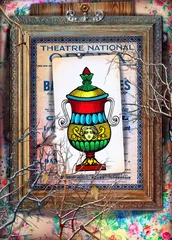 Foto op Aluminium Fantasie Ace of tarot cups op een achtergrond van esoterische kaarten en astrologische en alchemistische symbolen