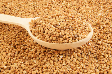 Buckwheat with wooden spoon close up