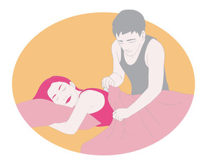 Cute young love couple. Man putting blanket on his girlfriend. vector illustration isolated cartoon hand drawn background