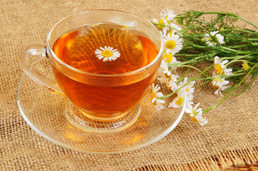 Camomile tea on burlap sack background