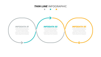 Thin line flat business design label with circls and arrow. Timeline with 3 steps, options, processes. Vector template.