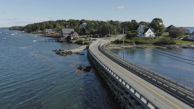 Establishing aerial shot Bailey Island Bridge in Harpswell, Maine