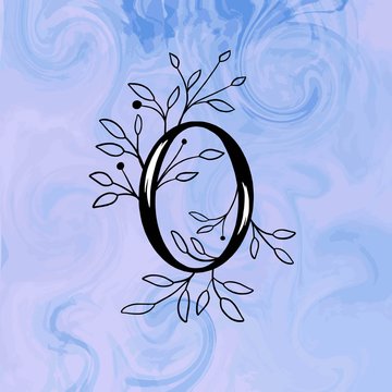Decorative letter O, decorated with plant branches, leaves, on a blue background with white stains, logo, monogram