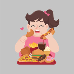 Big Fat Happy woman enjoy eat fast food, junk food, chicken drumstick, pizza, donuts, French fries, Hamburger, ice cream, coca cola, hot dog, unhealthy cartoon, diet lose weight, Healthcare concept