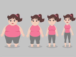 Set of Cute character Big Fat women l for lose weight, diet unhealthy cartoon, Lifestyle Healthcare concept character pose front for character animation flat vector design.