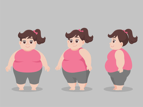 Set Of Cute Character Big Fat Women L For Lose Weight, Diet Unhealthy Cartoon, Lifestyle Healthcare Concept Character Pose Front Side Turn Around For Character Animation Flat Vector Design.