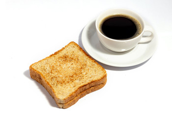 Fototapeta na wymiar Black coffee in white cup with double toast. isolated on white