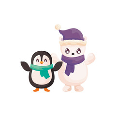 penguin and polar bear with scarf on white background