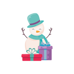 cute snowman with gift boxes on white background