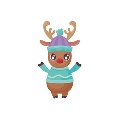 cute reindeer with hat on white background