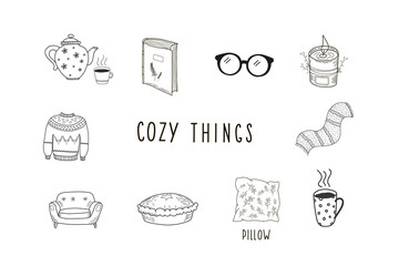 Cozy things. Set of vector hand drawn illustration in doodle style
