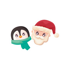 head of santa claus and penguin on white background