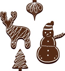 Vector illustration of gingerbread cookies in the shape of a snowman, deer, Christmas ball and Christmas tree.