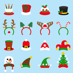 Flat icon set Christmas carnivals caps. Santa Claus hat set isolated. 