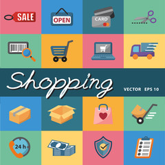 Shopping Flat Color Icon set. E-commerce, Vector illustration