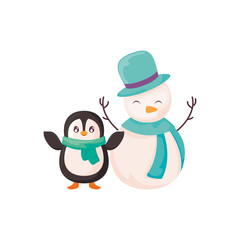 penguin and snowman with scarf on white background