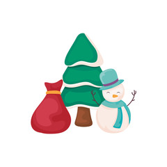cute snowman with bag of gifts and christmas tree on white background