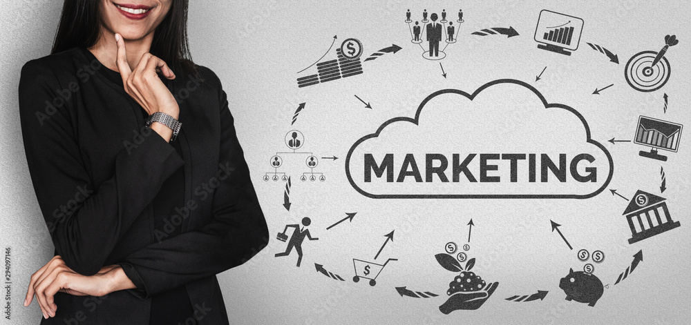 Sticker digital marketing technology solution for online business concept - graphic interface showing analyt