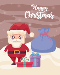 happy christmas label with santa claus with gift boxes on winter landscape