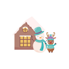 snowman and reindeer with family house of background