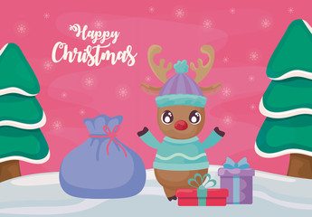 happy christmas label with reindeer with gift boxes