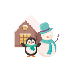 penguin and snowman with family house of background