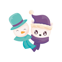 head of snowman and polar bear with hat and scarf on white background