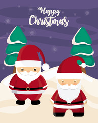 happy christmas label with santa claus on winter landscape