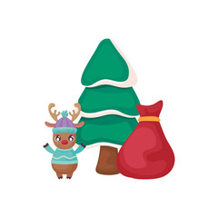 reindeer with christmas tree and gift bag on white background