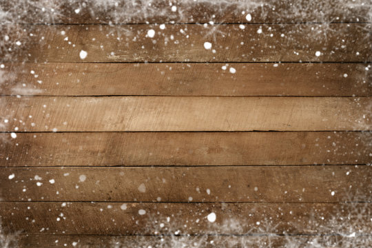 Christmas background - Old wood plank texture with snow frame. vintage and rustic style