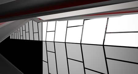 Abstract architectural whte, red and black gloss interior of a minimalist house with large windows.. 3D illustration and rendering.