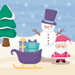 santa claus with snowman on winter landscape