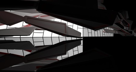 Fototapeta premium Abstract architectural whte, red and black gloss interior of a minimalist house with large windows.. 3D illustration and rendering.