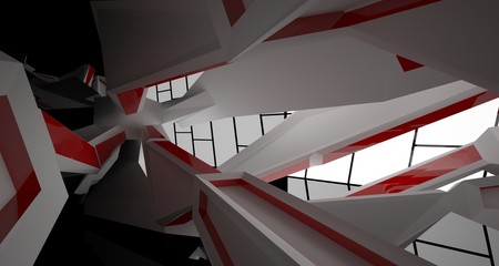 Abstract architectural whte, red and black gloss interior of a minimalist house with large windows.. 3D illustration and rendering.
