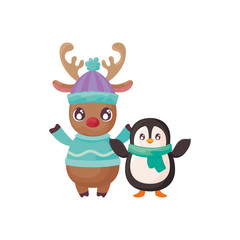 penguin and reindeer on white background
