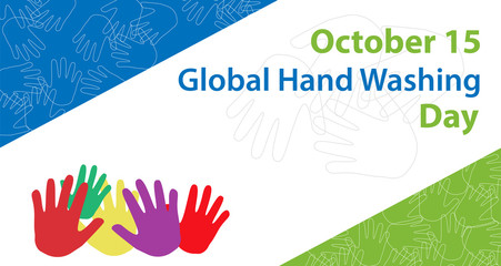 world hand washing day, background for banners, with colorful hand drawings and water and writing, white, blue, green