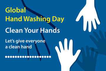 world hand washing day, background for banners, with white hand drawings and writing, blue background