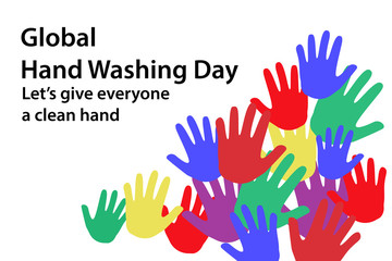 world hand washing day, background for banners, with colorful hand drawings and writing, white background