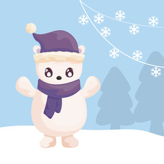 polar bear with hat and scarf on winter landscape