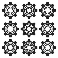 Set of workflow business concept icon. Abstract gear and arrows emblem. 