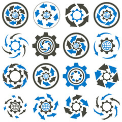 Set of workflow business concept icon. Abstract gear and arrows emblem. 