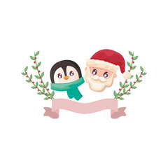 head of santa claus and penguin on white background