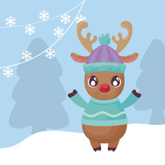 cute reindeer with hat on winter landscape