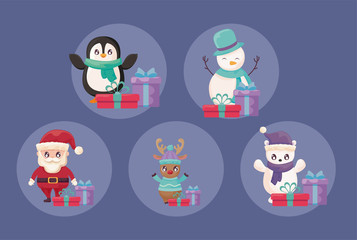 bundle of merry christmas with set icons