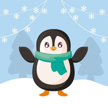 cute penguin with scarf on winter landscape
