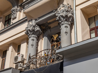 Moscow, Russia, August 27, 2019. Fragment of the facade of a typical historic modernist building on Tverskaya Street