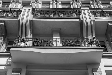 Moscow, Russia, August 27, 2019. Fragment of the facade of a typical historic modernist building on Tverskaya Street