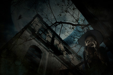 Scary halloween witch standing over grunge castle, dead tree, bird fly, full moon and cloudy spooky sky, Halloween mystery concept